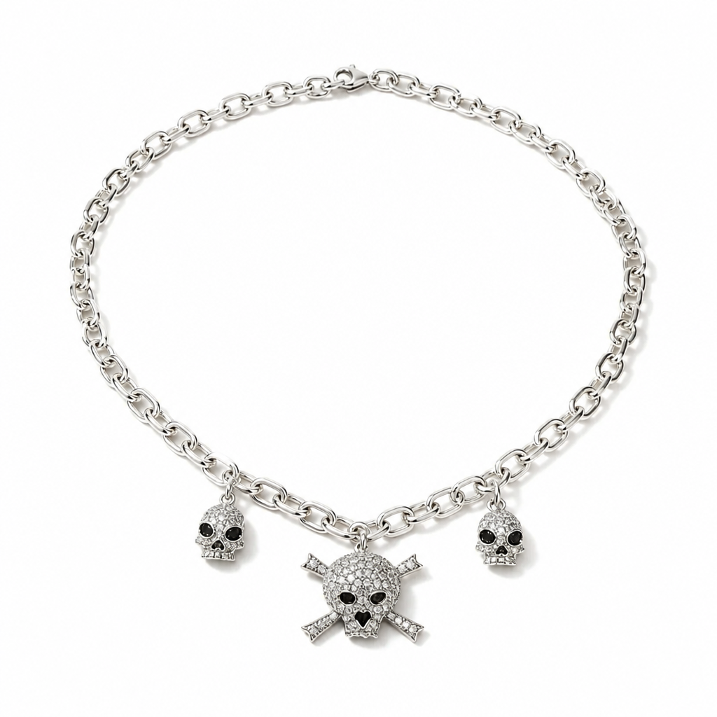A silver-tone chain necklace featuring three skull charms, with a larger skull and crossbones pendant in the center and two smaller skull charms on either side
