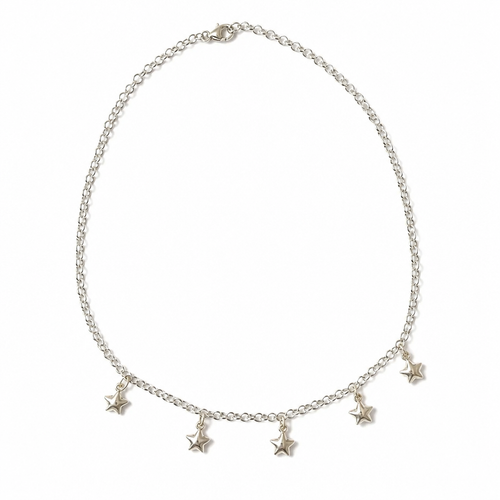 A silver chain necklace with five dangling star charms