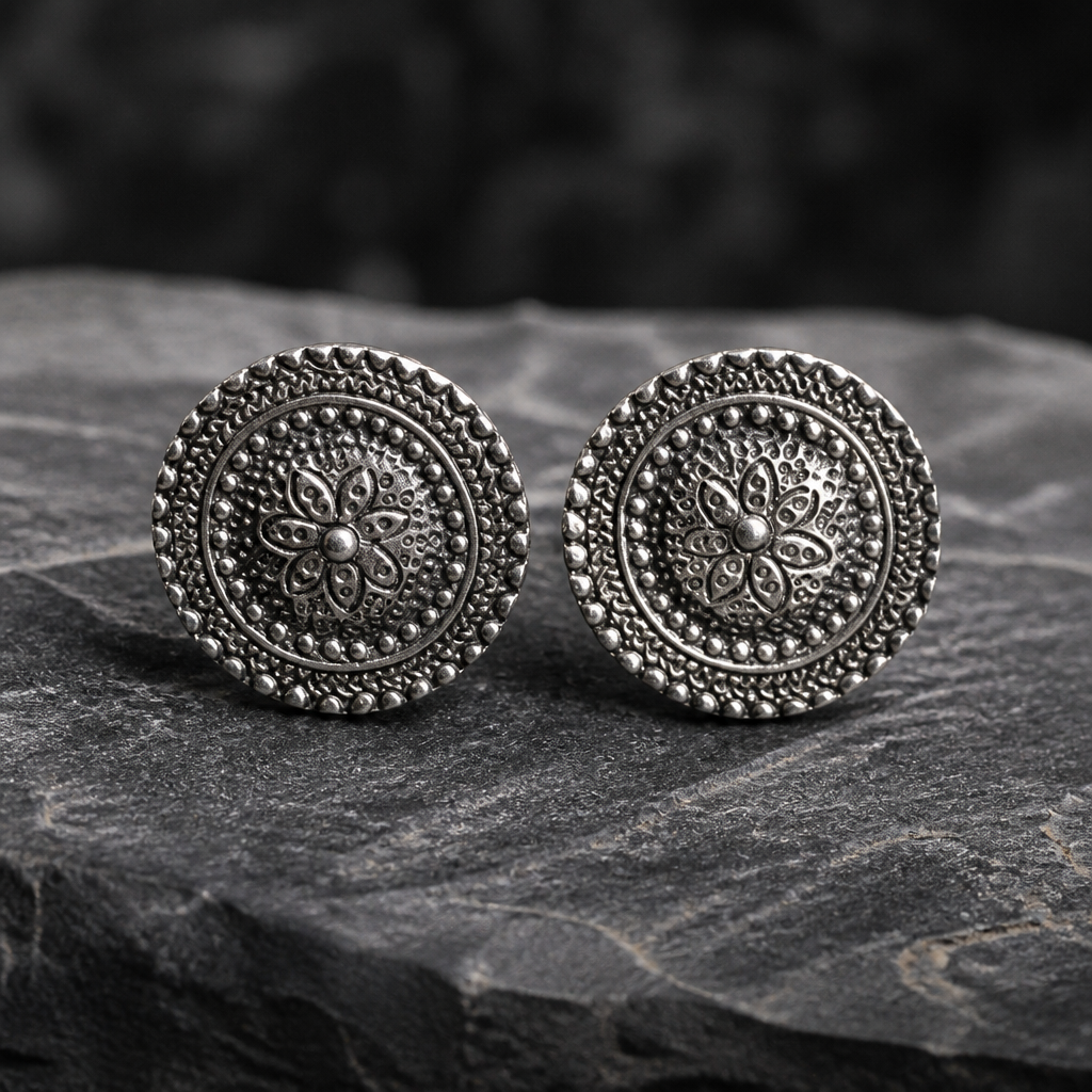 A pair of round silver-toned earrings with intricate floral and beaded detailing, 