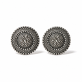 A pair of round silver-toned stud earrings with intricate filigree and beaded detailing, displayed on a clean white background.