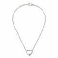 A silver chain necklace featuring a polished open heart pendant