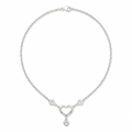 A silver chain necklace featuring three open heart charms, with a larger central heart and a small dangling heart charm