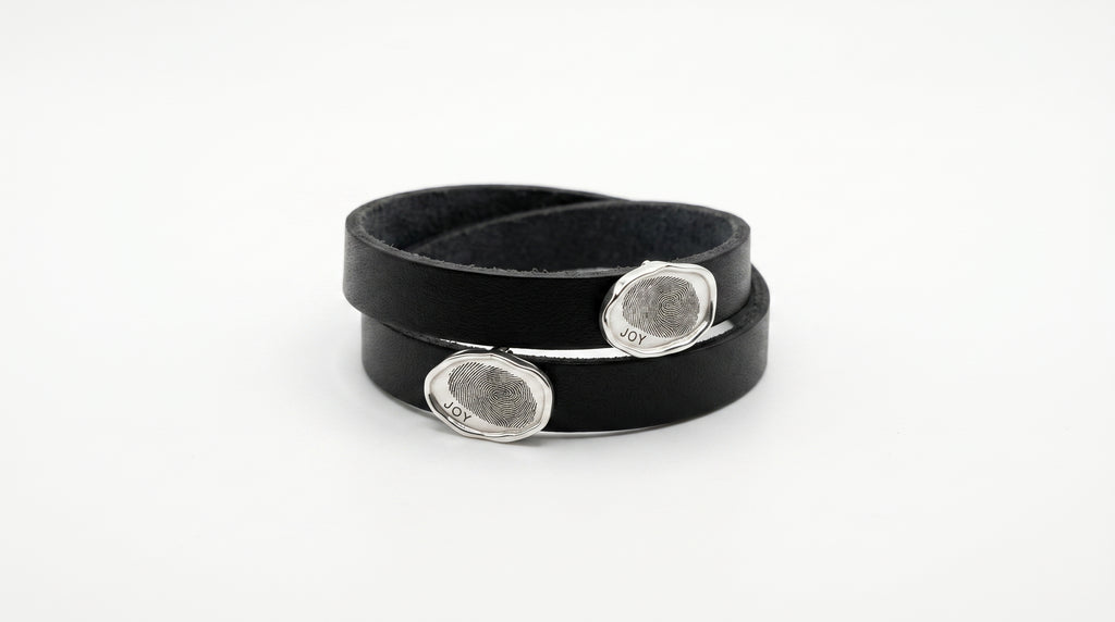 Black Leather Double Wrap with Silver  Engraved Charm