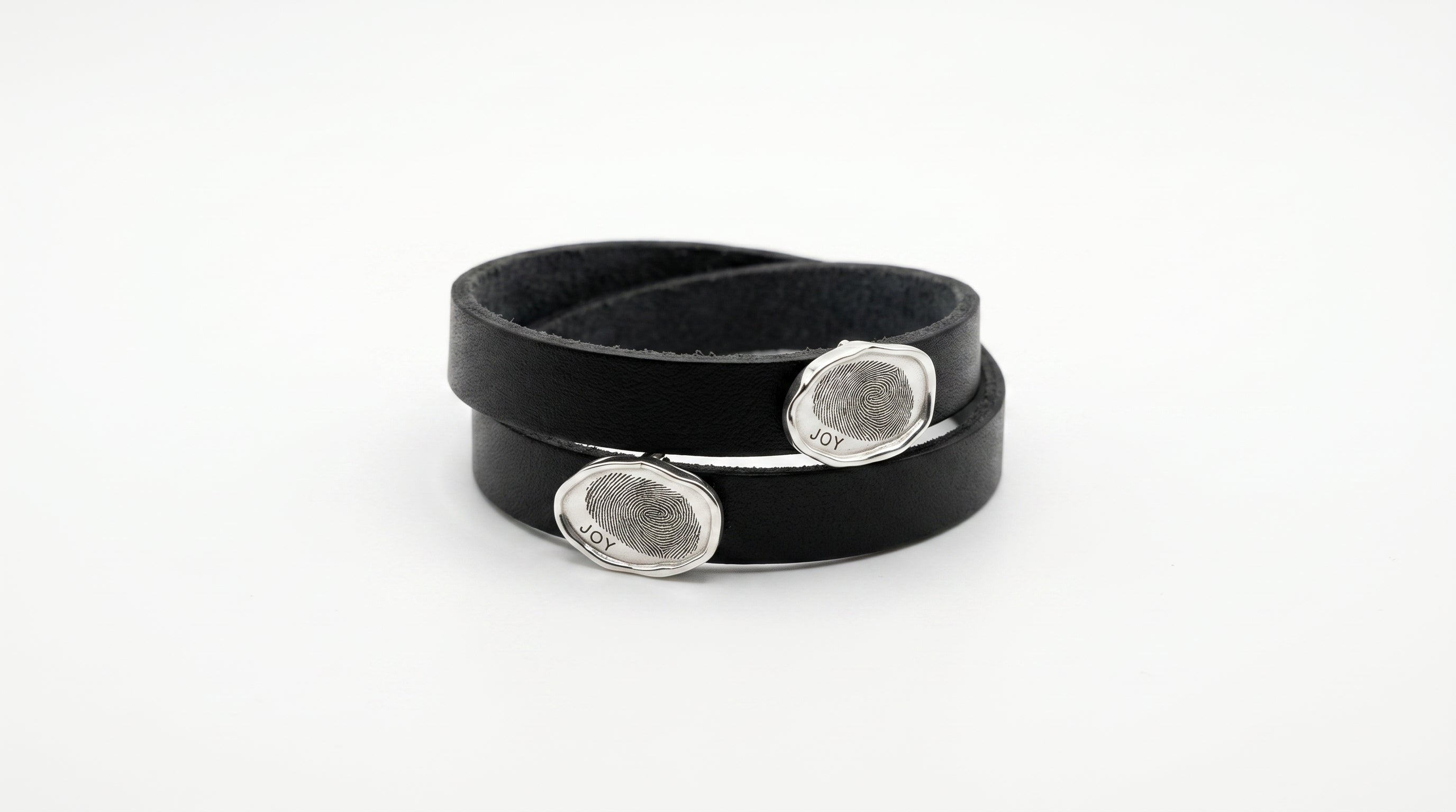 Black Leather Double Wrap with Silver  Engraved Charm
