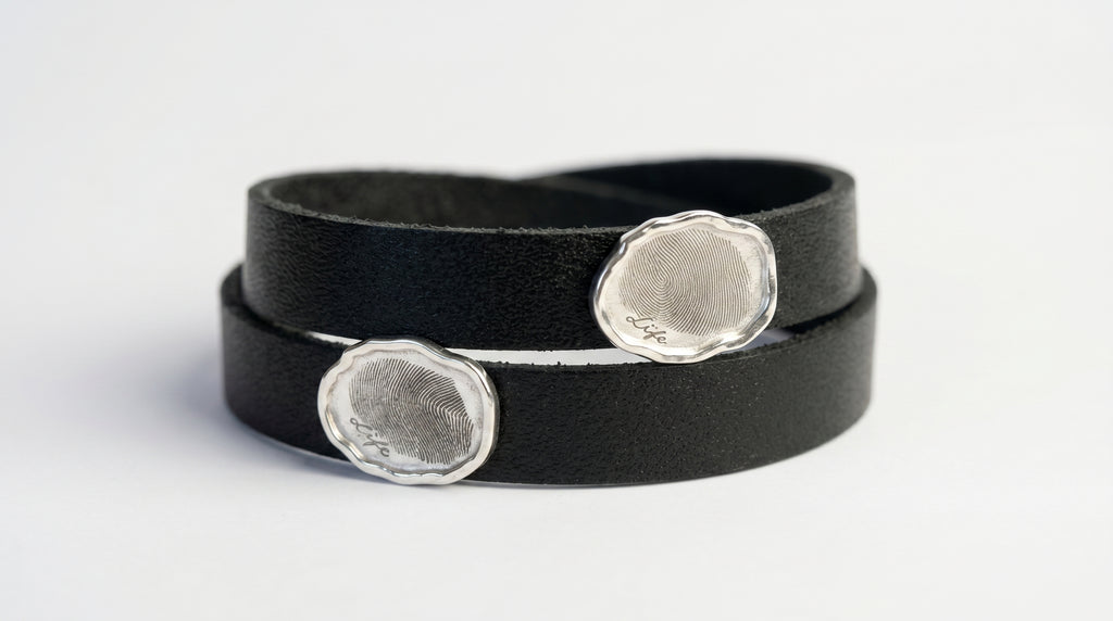Black Leather Double Wrap with Silver  Engraved Charm