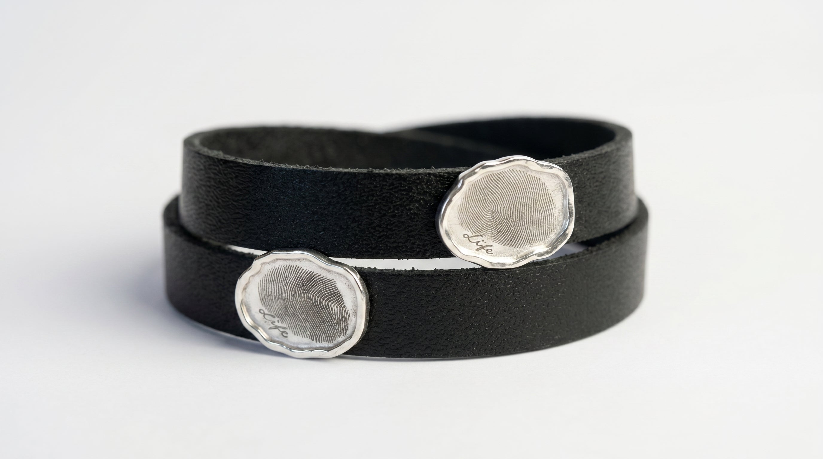 Black Leather Double Wrap with Silver  Engraved Charm